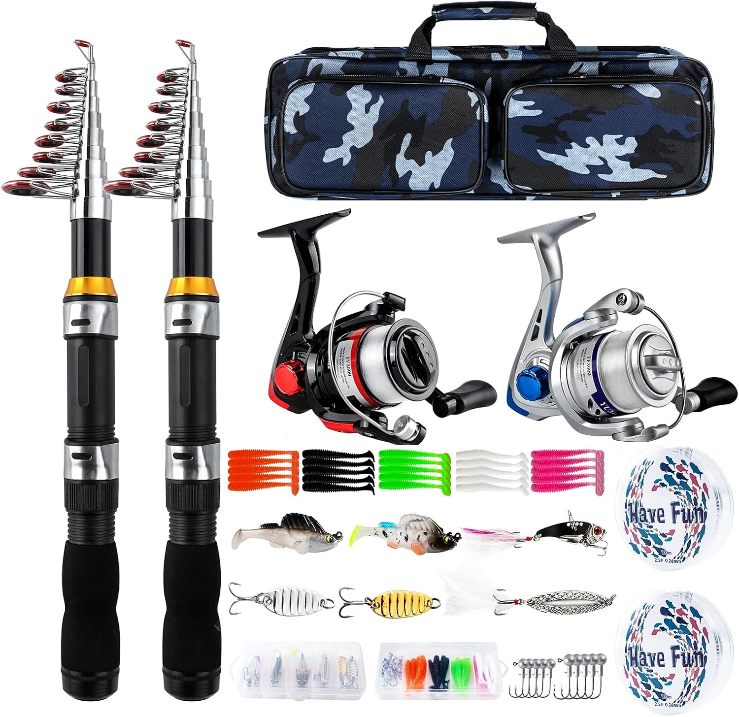 2-Pack 6.89FT Telescopic Fishing Rod Reel Combo Tackle Box Travel Carry Bag