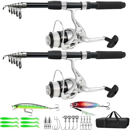 Fishing Pole Combo, 6.9ft 2Pcs Telescopic Rods Set, Collapsible Carbon Fiber Fishing Rods, 2PCS Spinning Reel Set with Carrier Bag