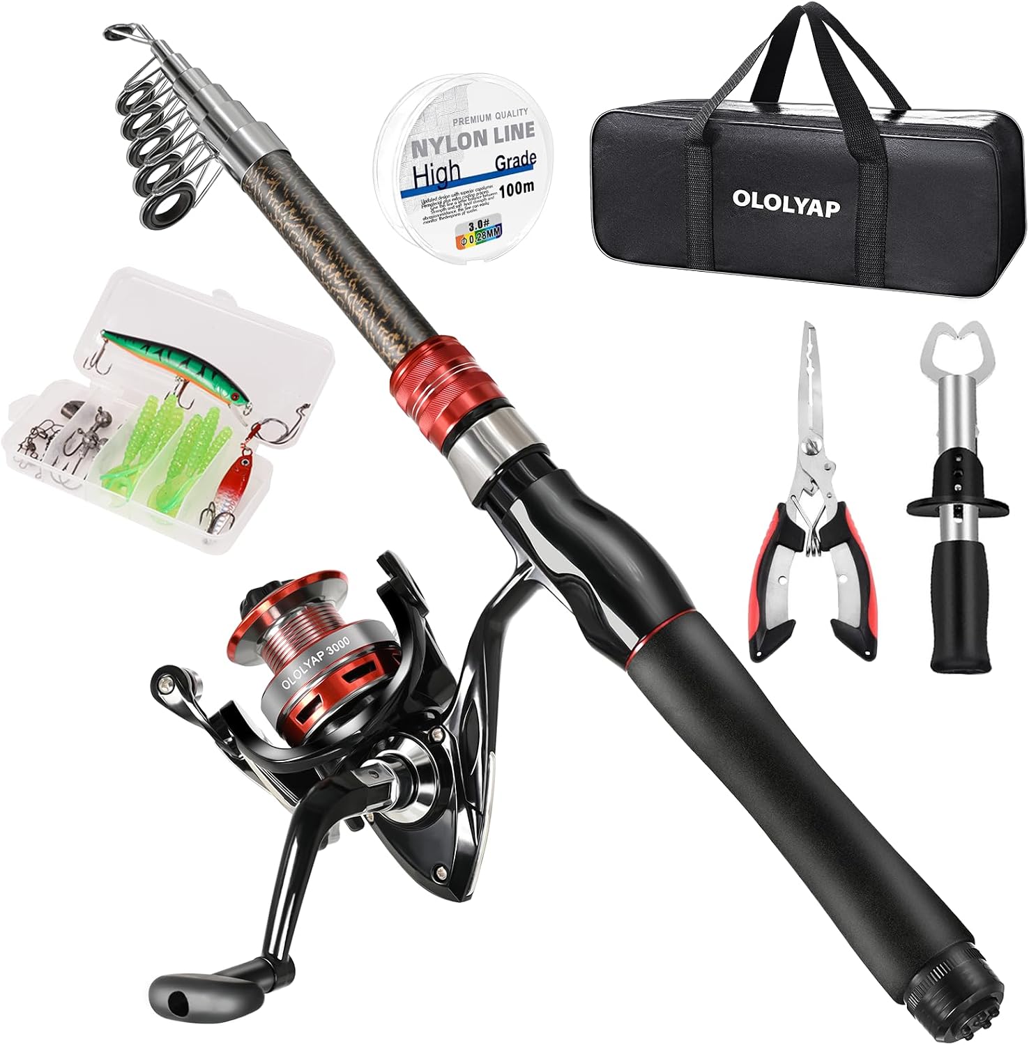 Fishing Pole Combo Set 6.9ft Telescopic Fishing Rod and Reel Combo with Fishing Pliers and Lip Gripper
