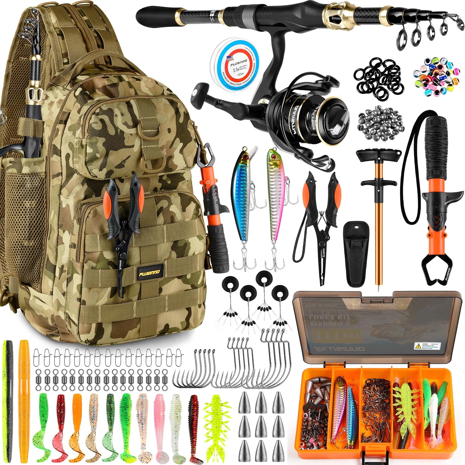 PLUSINNO Fishing Backpack with Rod &amp; Reel Combos, Fishing Gear Kit