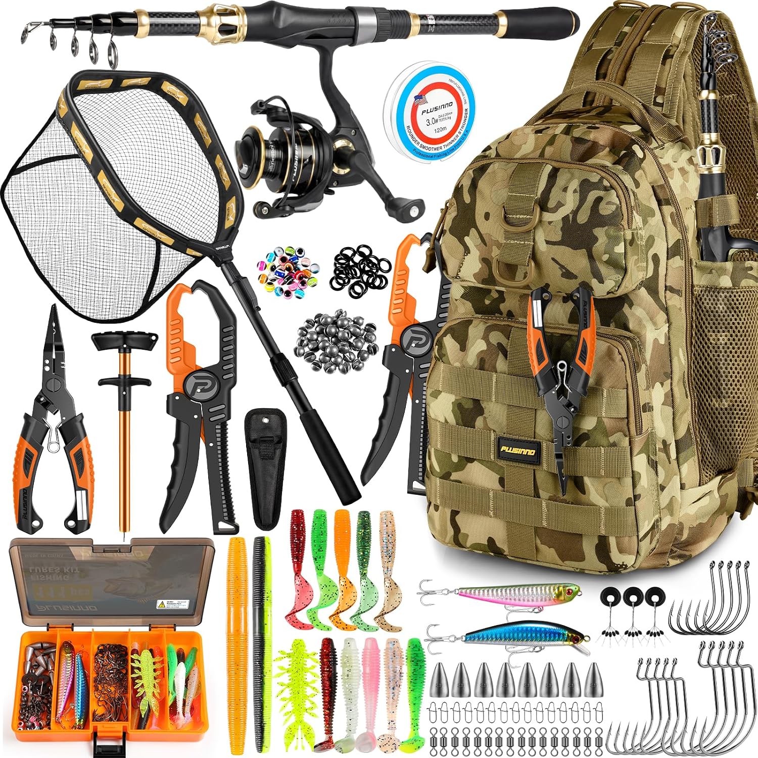 PLUSINNO Fishing Gear-Fishing Rod &amp; Fishing Backpack, Fish Net, Tackle Box