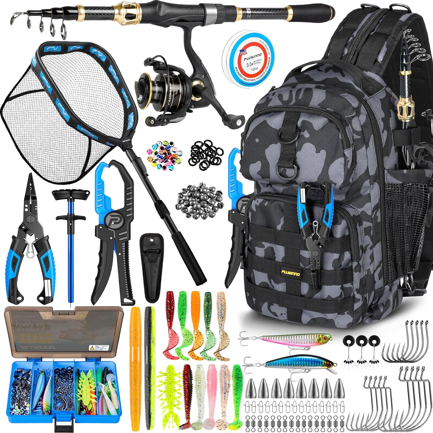 PLUSINNO Fishing Gear-Fishing Rod & Fishing Backpack, Fish Net, Tackle Box
