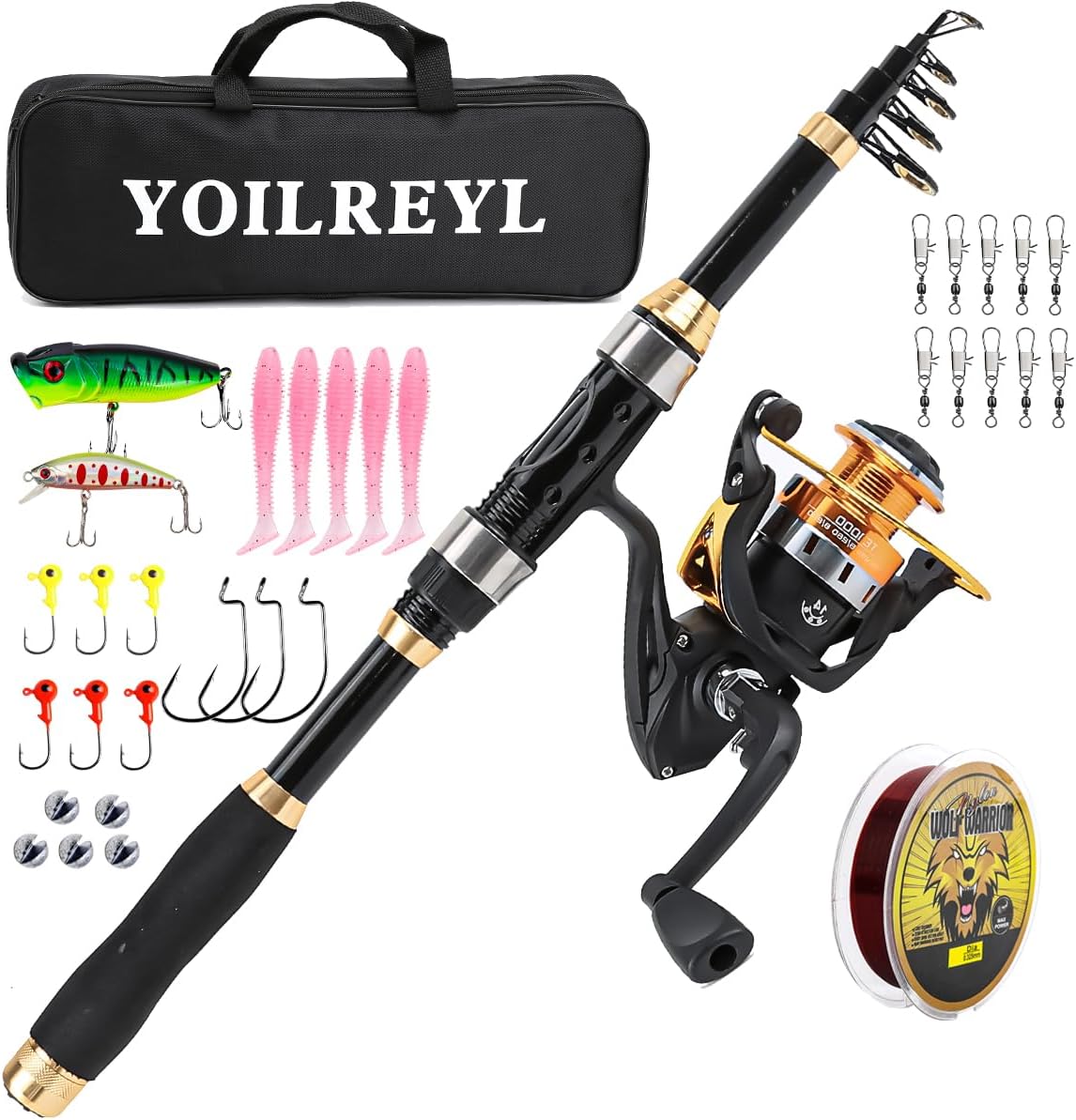 Yoilrey Fishing Rod and Reel Combo, 5.9ft Telescopic Fishing Pole Starter Kit with Spinning Reel, Fishing Line, Lure Box &amp; Tackle Bag for Travel