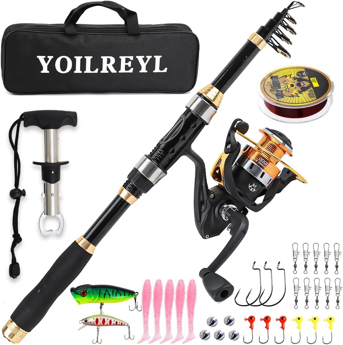 Yoilrey Fishing Rod and Reel Combo, 5.9ft Telescopic Fishing Pole Starter Kit with Spinning Reel, Fishing Line, Lure Box &amp; Tackle Bag for Travel