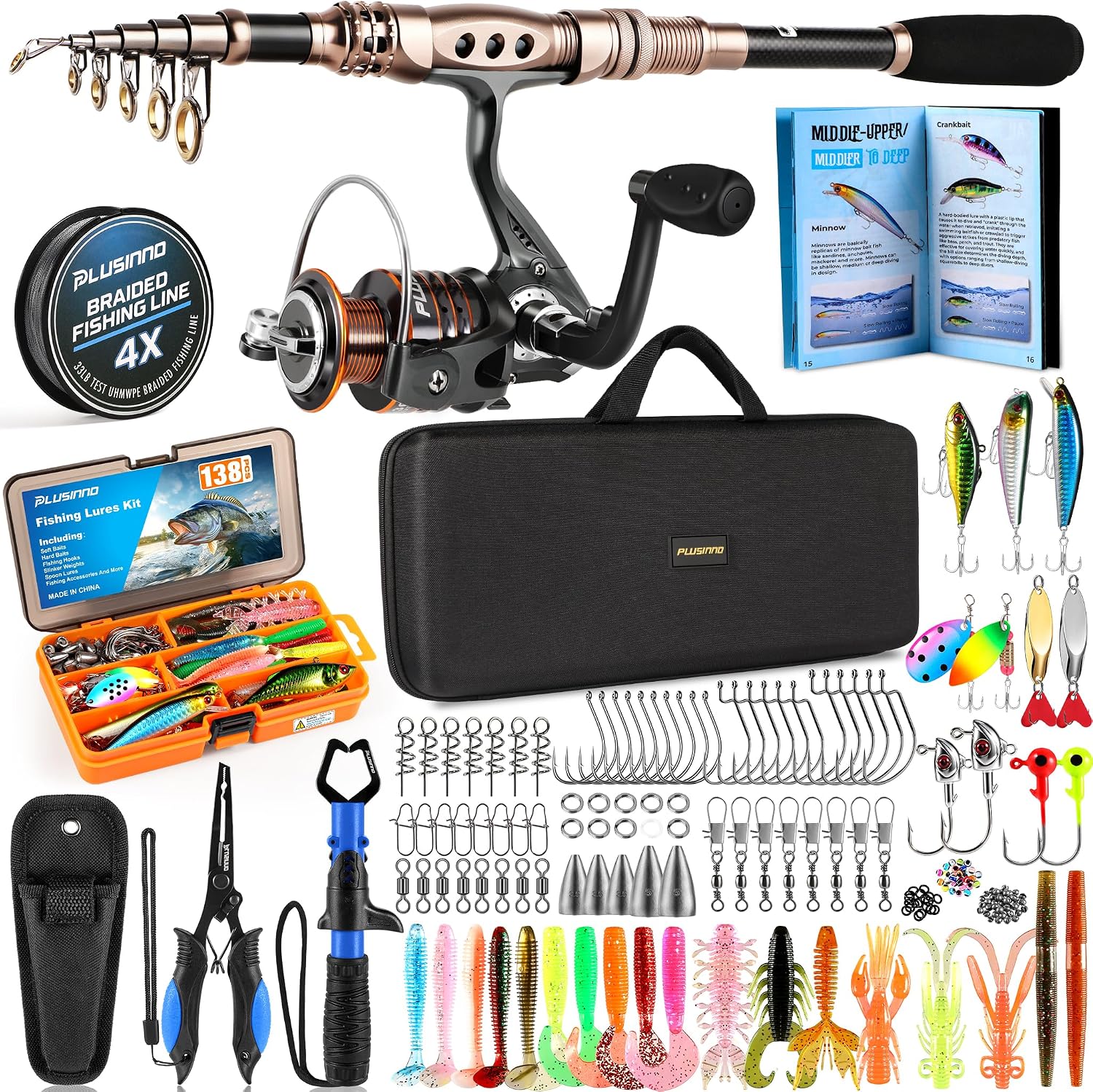 PLUSINNO Fishing Rod and Reel Combo with Telescopic Fishing Pole, Portable Travel Fishing Rods Kit with Tackle Box Carrier Bag & Manuals, Fishing Gear Tool Kit for Freshwater, Fishing Gifts for Men